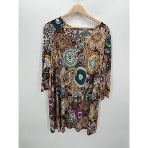 Honeyme Curvy Tunic Dress Women XXL Dark Floral 3/4 Sleeve Slinky Artsy Unique